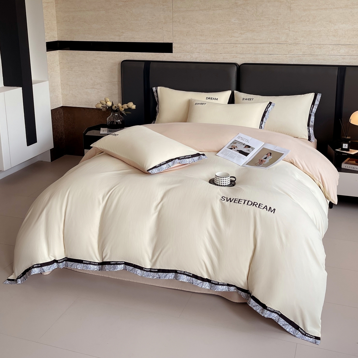 91家纺网 家纺一手货源 找家纺 大麦乐田 2025新款法式轻奢碳素刺绣磨毛四件套-北欧风情 北欧风情 奶白咖