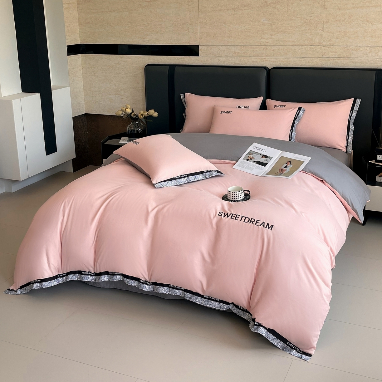 91家纺网 家纺一手货源 找家纺 大麦乐田 2025新款法式轻奢碳素刺绣磨毛四件套-北欧风情 北欧风情 香粉玉