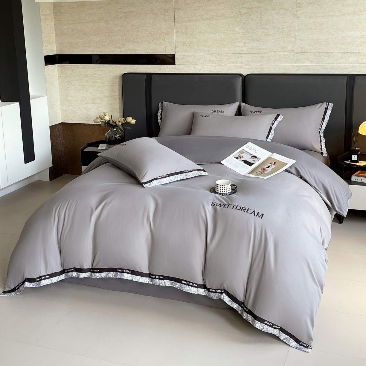 91家纺网 家纺一手货源 找家纺 大麦乐田 2025新款法式轻奢碳素刺绣磨毛四件套-北欧风情 北欧风情 绅士灰