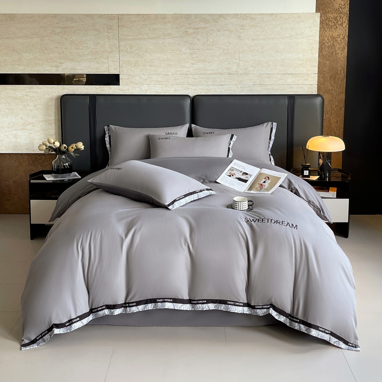 91家纺网 家纺一手货源 找家纺 大麦乐田 2025新款法式轻奢碳素刺绣磨毛四件套-北欧风情 北欧风情 绅士灰