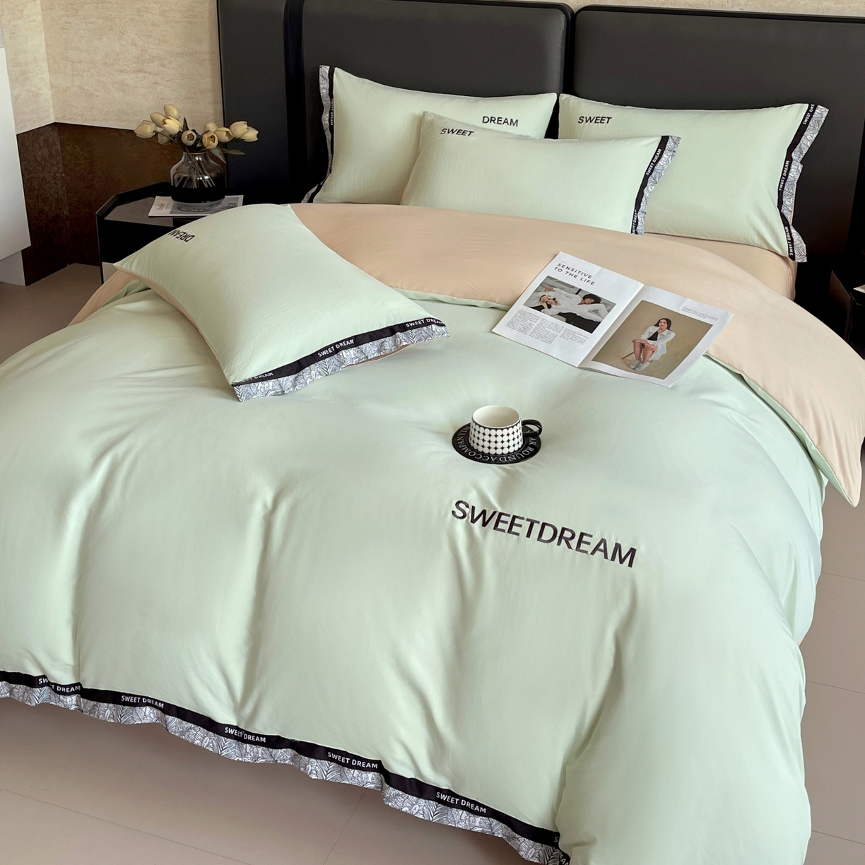 91家纺网 家纺一手货源 找家纺 大麦乐田 2025新款法式轻奢碳素刺绣磨毛四件套-北欧风情 北欧风情 浅绿