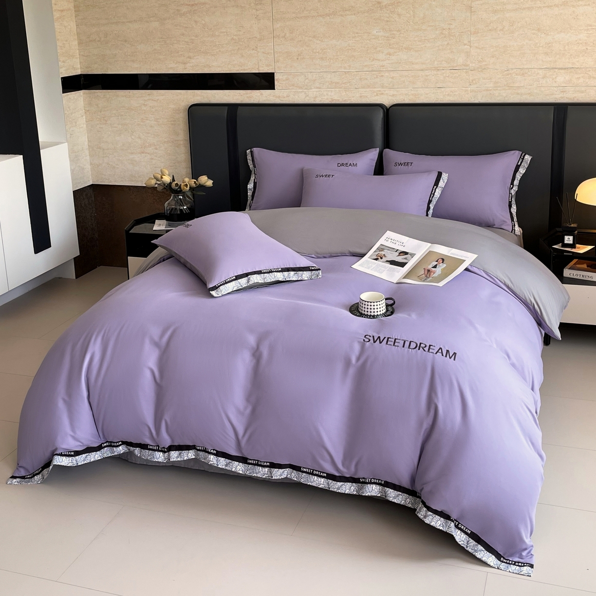 91家纺网 家纺一手货源 找家纺 大麦乐田 2025新款法式轻奢碳素刺绣磨毛四件套-北欧风情 北欧风情 梦幻紫