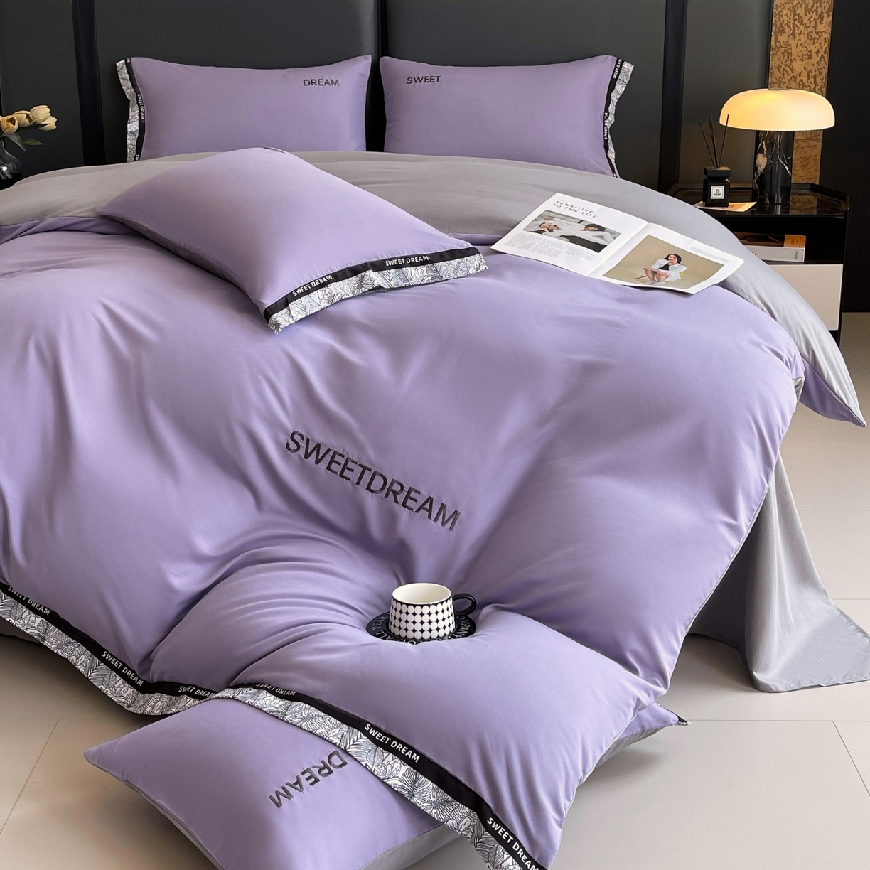 91家纺网 家纺一手货源 找家纺 大麦乐田 2025新款法式轻奢碳素刺绣磨毛四件套-北欧风情 北欧风情 梦幻紫