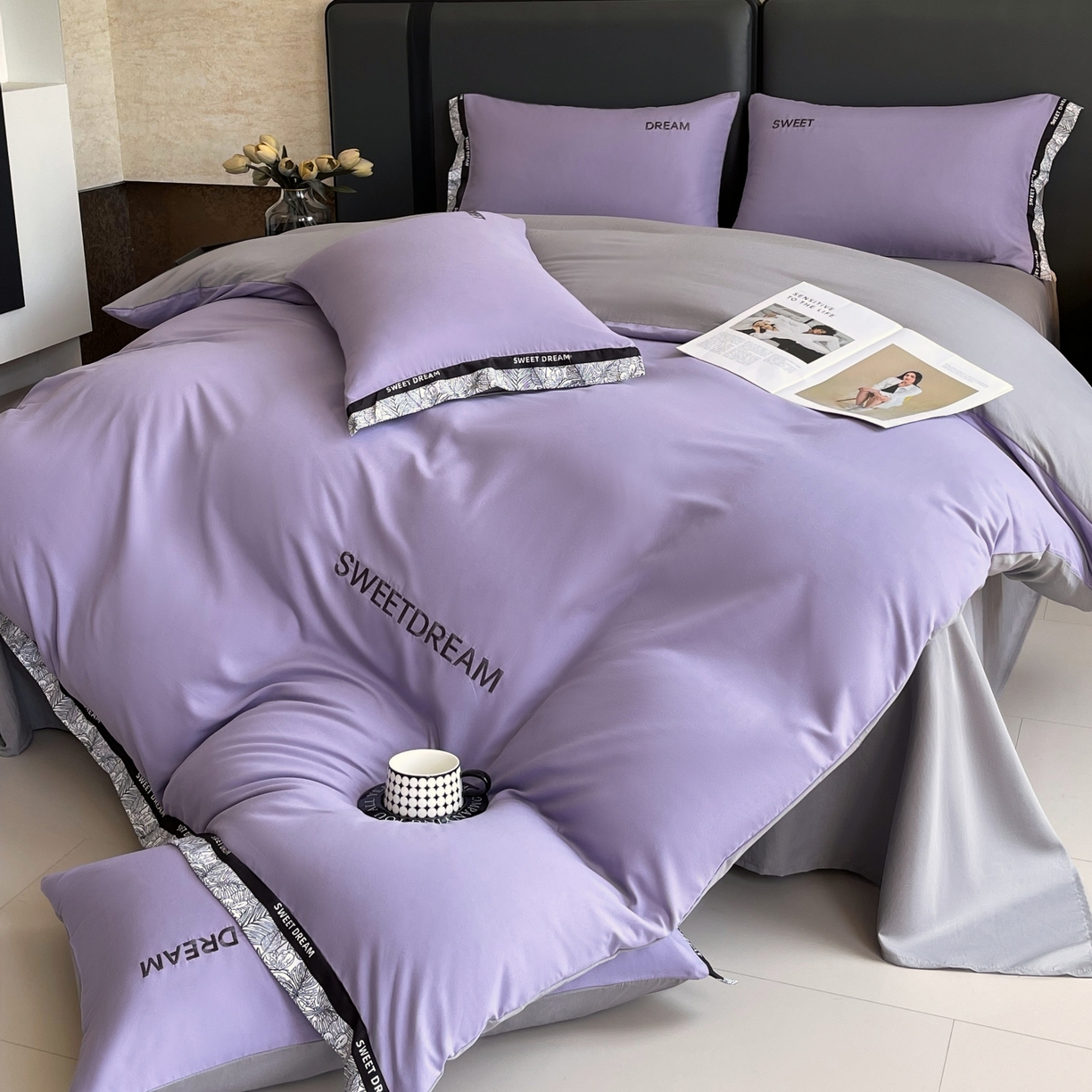 91家纺网 家纺一手货源 找家纺 大麦乐田 2025新款法式轻奢碳素刺绣磨毛四件套-北欧风情 北欧风情 梦幻紫