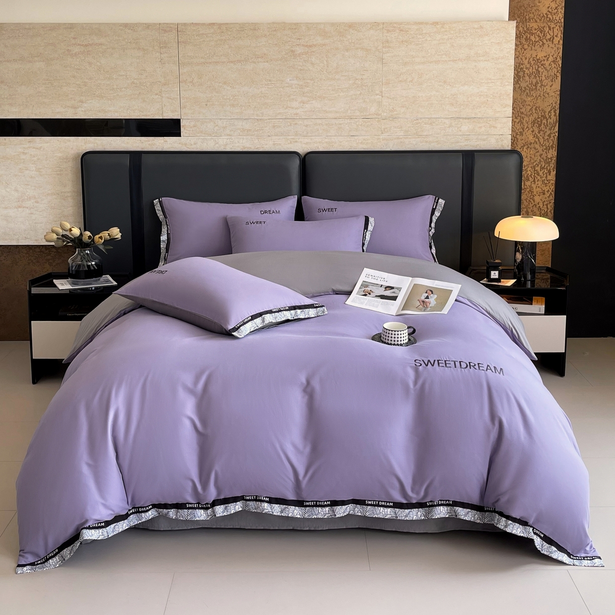 91家纺网 家纺一手货源 找家纺 大麦乐田 2025新款法式轻奢碳素刺绣磨毛四件套-北欧风情 北欧风情 梦幻紫