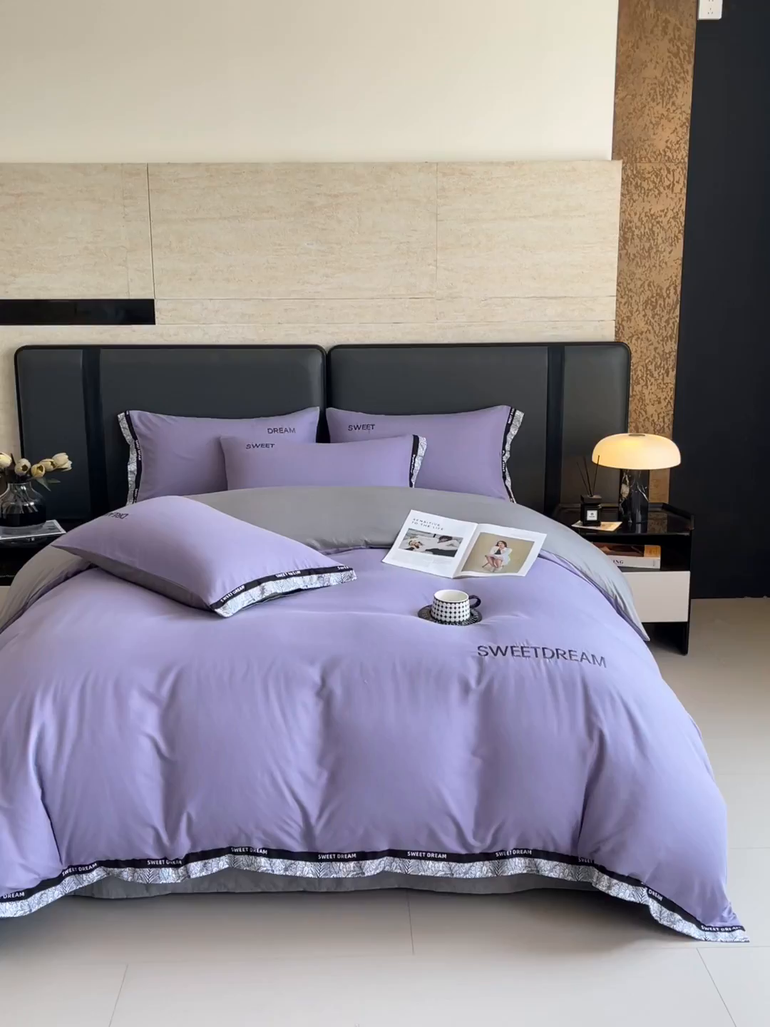 91家纺网 家纺一手货源 找家纺 大麦乐田 2025新款法式轻奢碳素刺绣磨毛四件套-北欧风情 北欧风情 梦幻紫