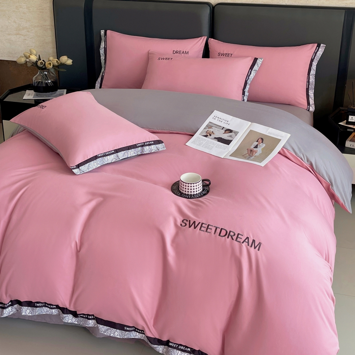 大麦乐田 2025新款法式轻奢碳素刺绣磨毛四件套-北欧风情 北欧风情 红粉