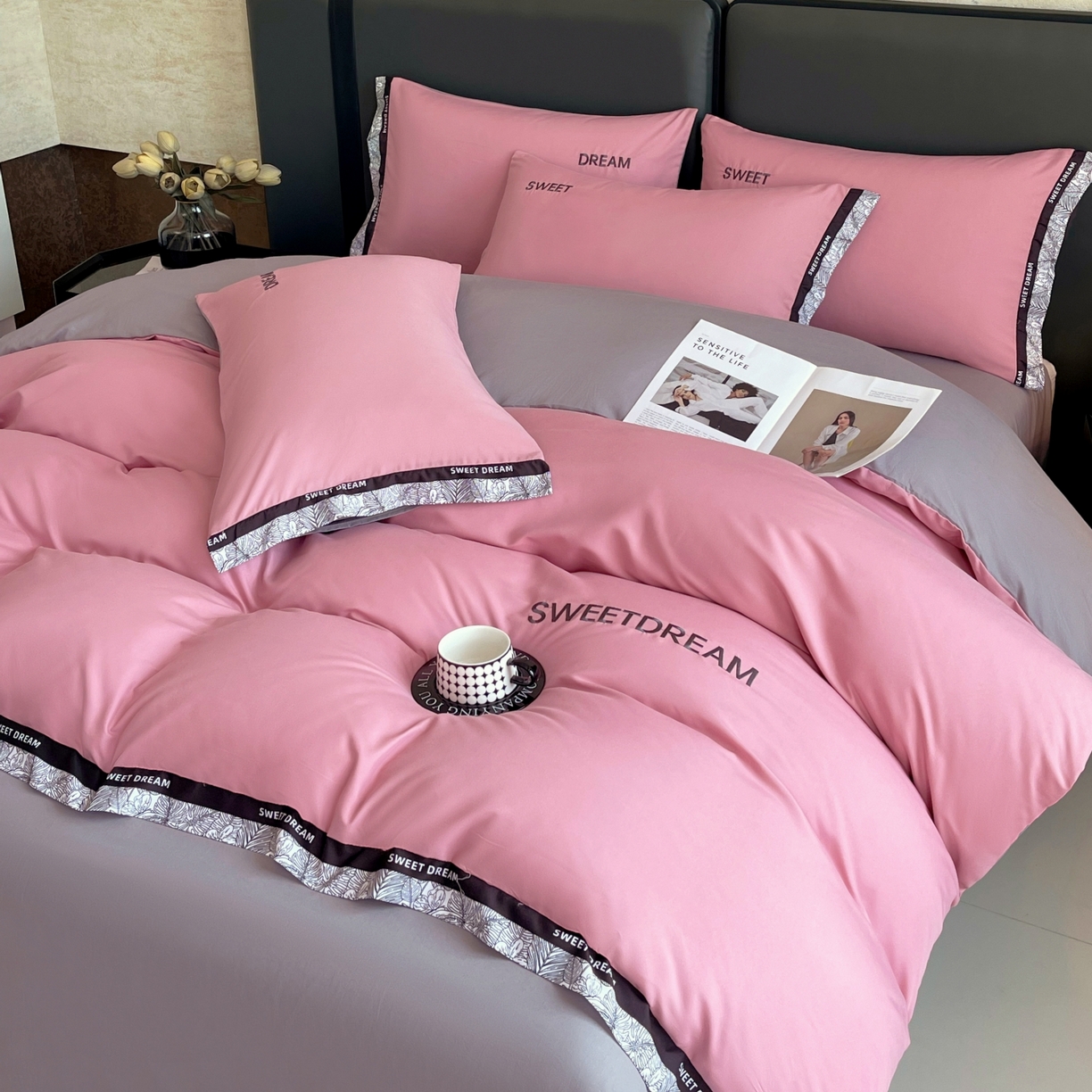 91家纺网 家纺一手货源 找家纺 大麦乐田 2025新款法式轻奢碳素刺绣磨毛四件套-北欧风情 北欧风情 红粉