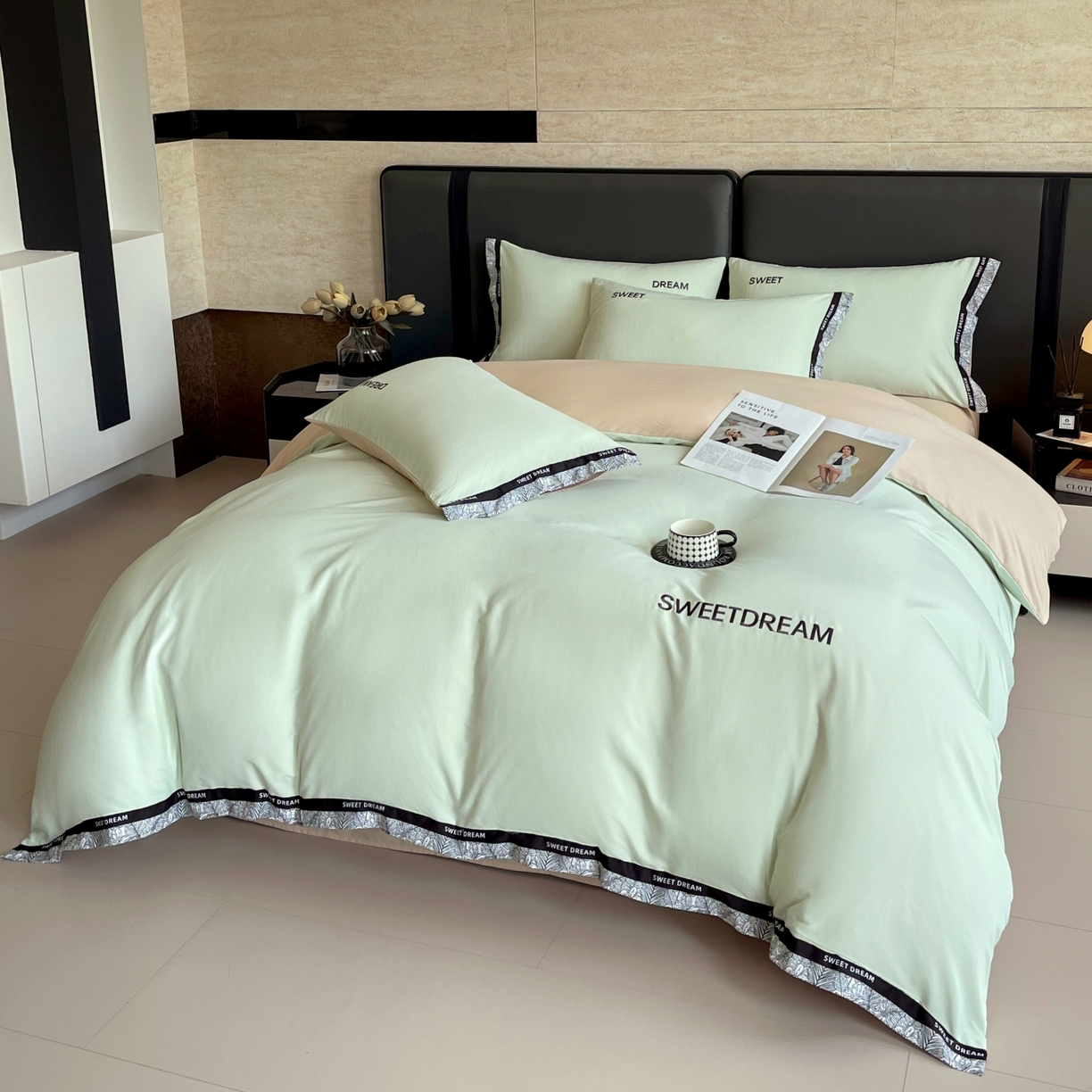 91家纺网 家纺一手货源 找家纺 大麦乐田 2025新款法式轻奢碳素刺绣磨毛四件套-北欧风情 北欧风情 浅绿