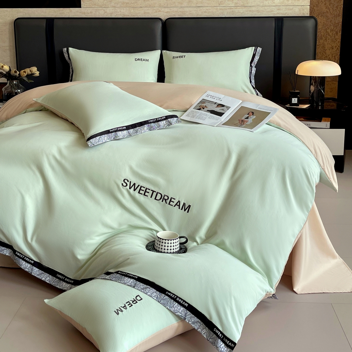 91家纺网 家纺一手货源 找家纺 大麦乐田 2025新款法式轻奢碳素刺绣磨毛四件套-北欧风情 北欧风情 浅绿