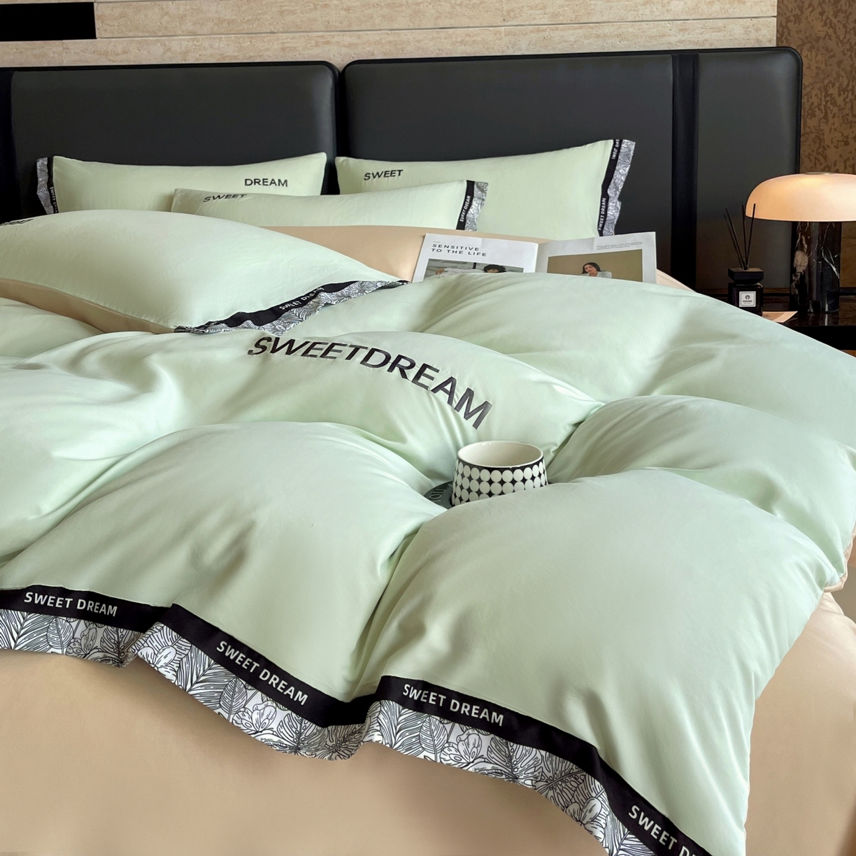 91家纺网 家纺一手货源 找家纺 大麦乐田 2025新款法式轻奢碳素刺绣磨毛四件套-北欧风情 北欧风情 浅绿