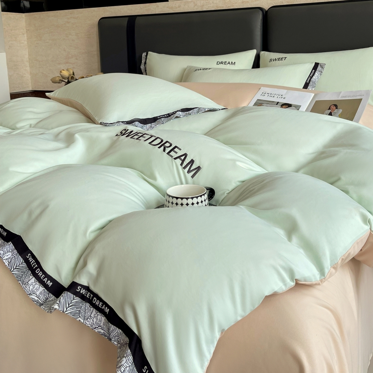 91家纺网 家纺一手货源 找家纺 大麦乐田 2025新款法式轻奢碳素刺绣磨毛四件套-北欧风情 北欧风情 浅绿