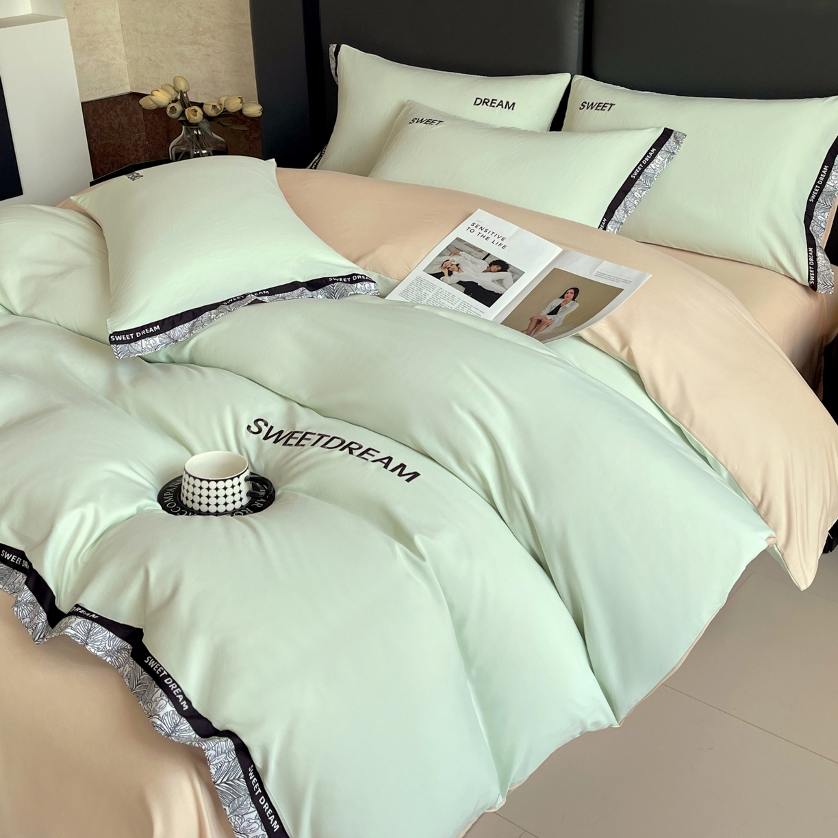 91家纺网 家纺一手货源 找家纺 大麦乐田 2025新款法式轻奢碳素刺绣磨毛四件套-北欧风情 北欧风情 浅绿