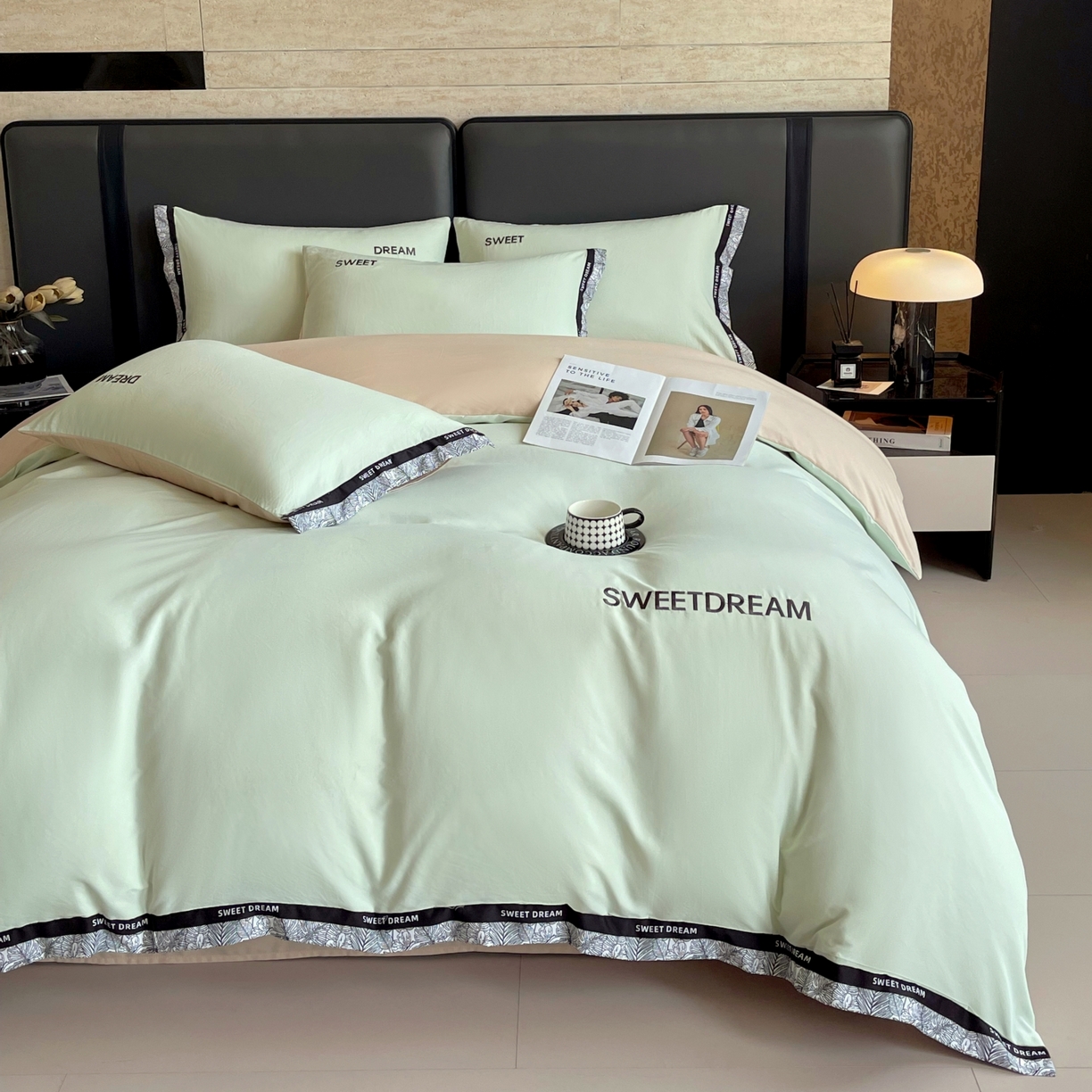 91家纺网 家纺一手货源 找家纺 大麦乐田 2025新款法式轻奢碳素刺绣磨毛四件套-北欧风情 北欧风情 浅绿