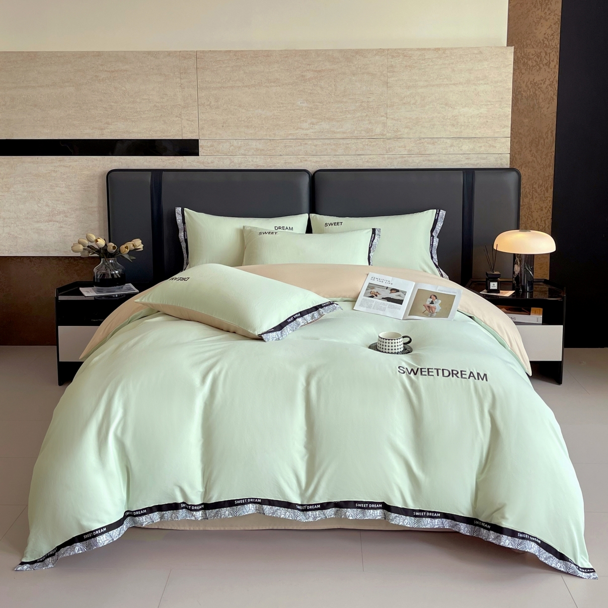 91家纺网 家纺一手货源 找家纺 大麦乐田 2025新款法式轻奢碳素刺绣磨毛四件套-北欧风情 北欧风情 浅绿