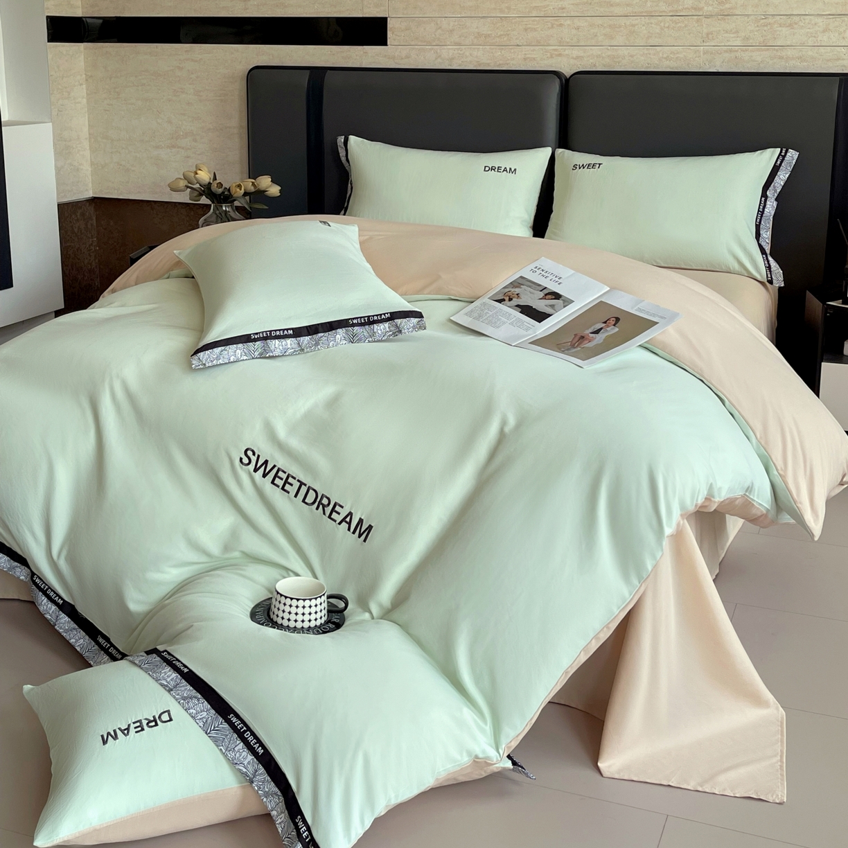 91家纺网 家纺一手货源 找家纺 大麦乐田 2025新款法式轻奢碳素刺绣磨毛四件套-北欧风情 北欧风情 浅绿