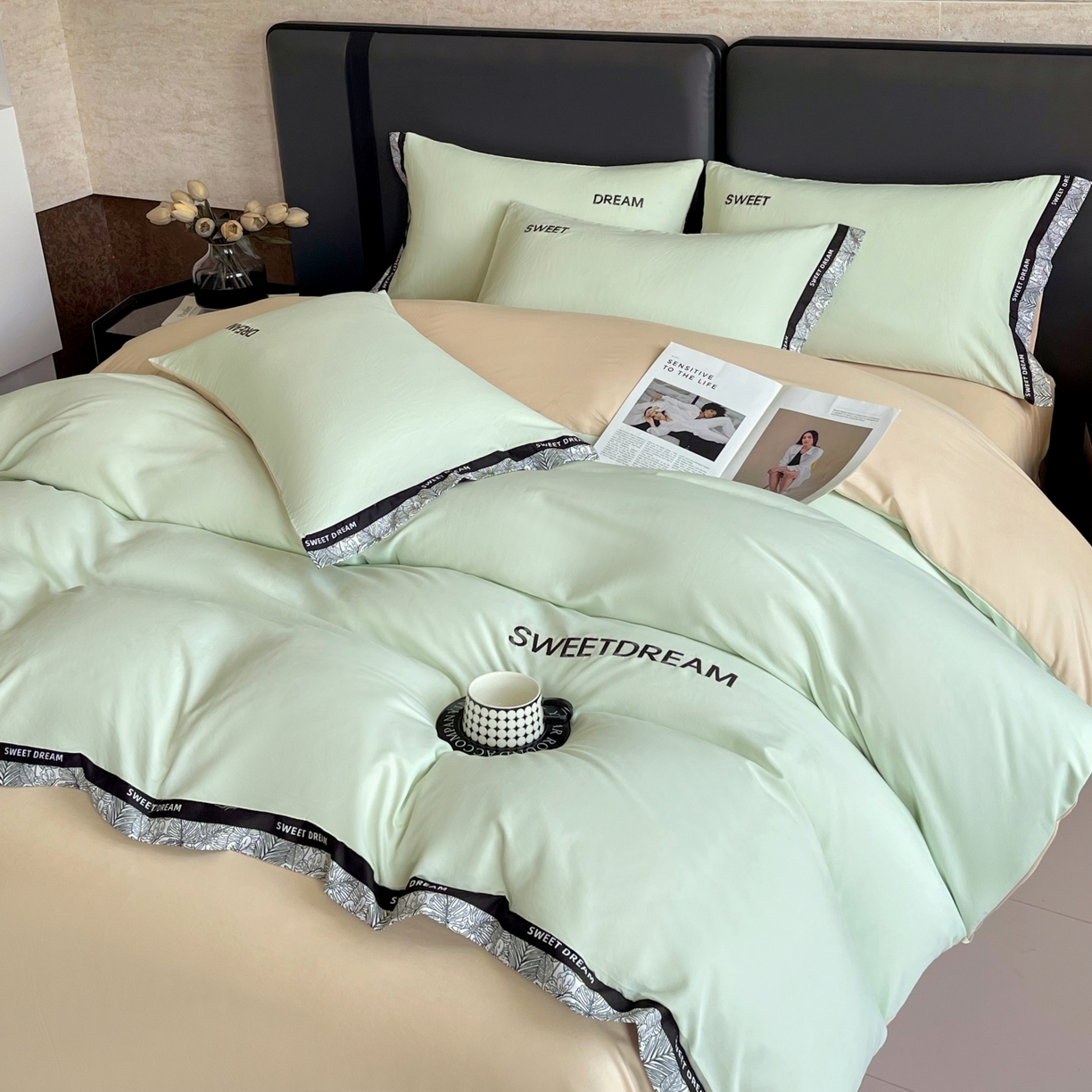 91家纺网 家纺一手货源 找家纺 大麦乐田 2025新款法式轻奢碳素刺绣磨毛四件套-北欧风情 北欧风情 浅绿