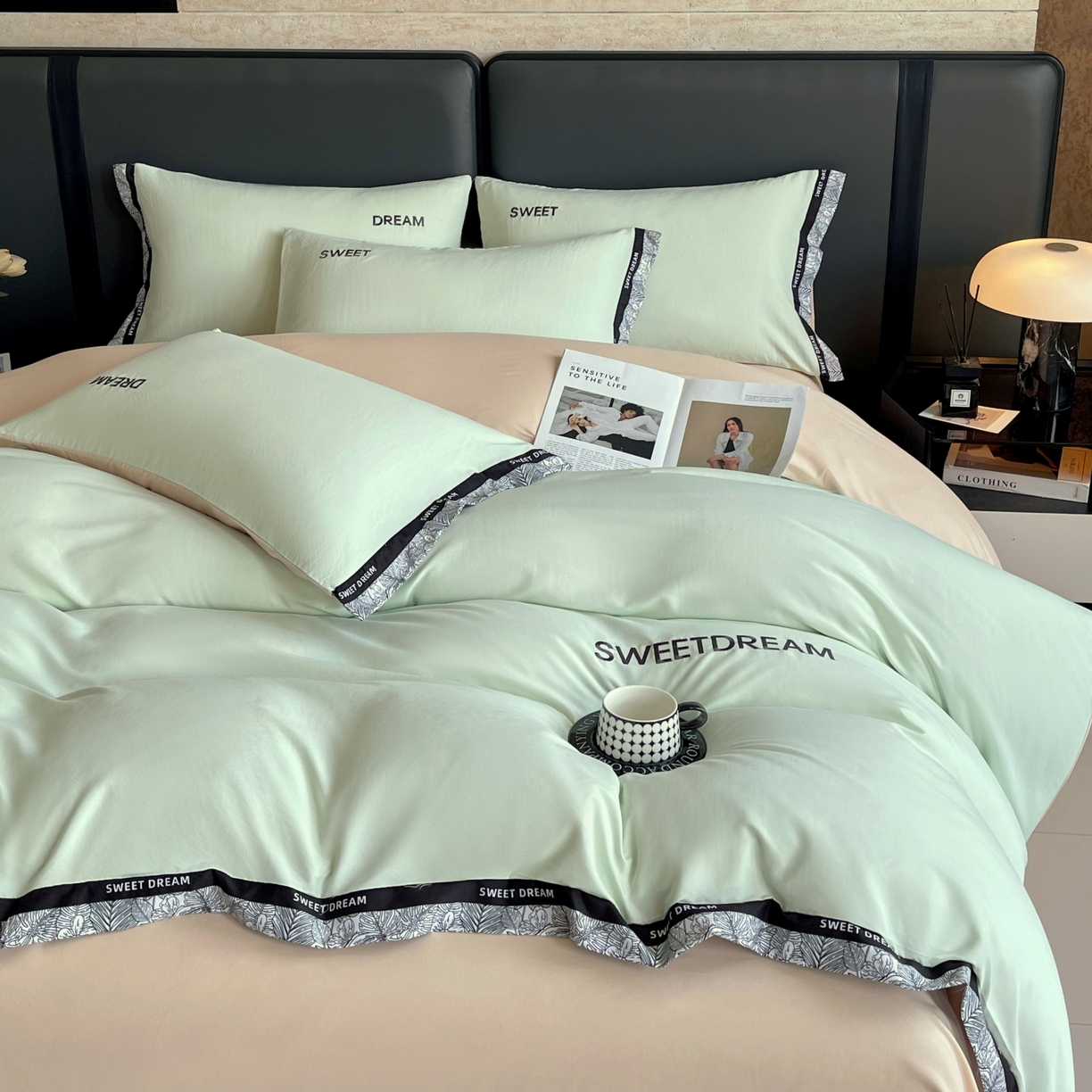 91家纺网 家纺一手货源 找家纺 大麦乐田 2025新款法式轻奢碳素刺绣磨毛四件套-北欧风情 北欧风情 浅绿