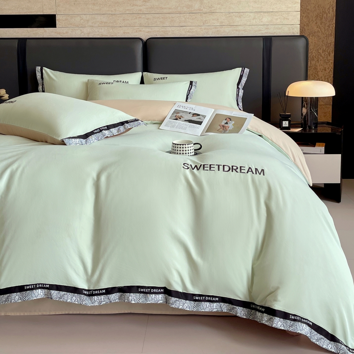 91家纺网 家纺一手货源 找家纺 大麦乐田 2025新款法式轻奢碳素刺绣磨毛四件套-北欧风情 北欧风情 浅绿