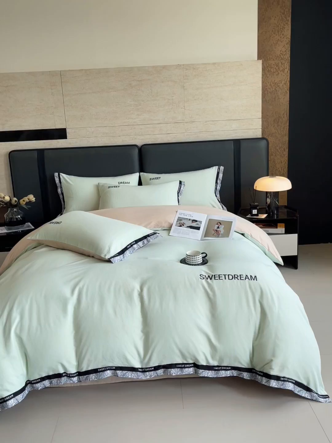 91家纺网 家纺一手货源 找家纺 大麦乐田 2025新款法式轻奢碳素刺绣磨毛四件套-北欧风情 北欧风情 浅绿