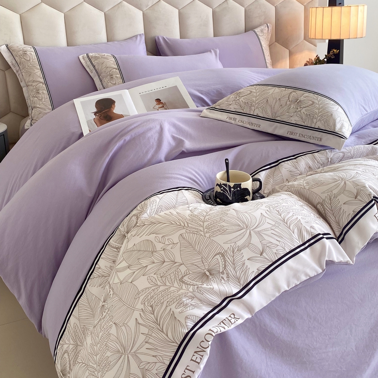 91家纺网 家纺一手货源 找家纺 大麦乐田 2025新款法式轻奢碳素磨毛四件套-卡琳娜系列 卡琳娜 紫灰