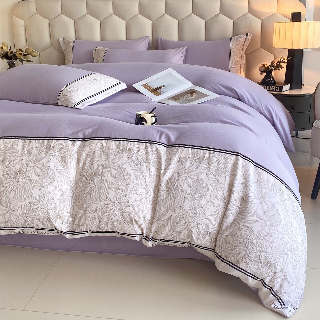 91家纺网 家纺一手货源 找家纺 大麦乐田 2025新款法式轻奢碳素磨毛四件套-卡琳娜系列 卡琳娜 紫灰