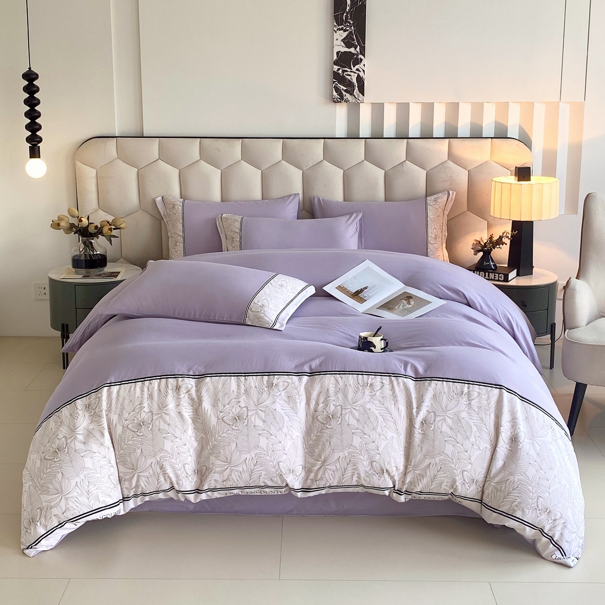 91家纺网 家纺一手货源 找家纺 大麦乐田 2025新款法式轻奢碳素磨毛四件套-卡琳娜系列 卡琳娜 紫灰