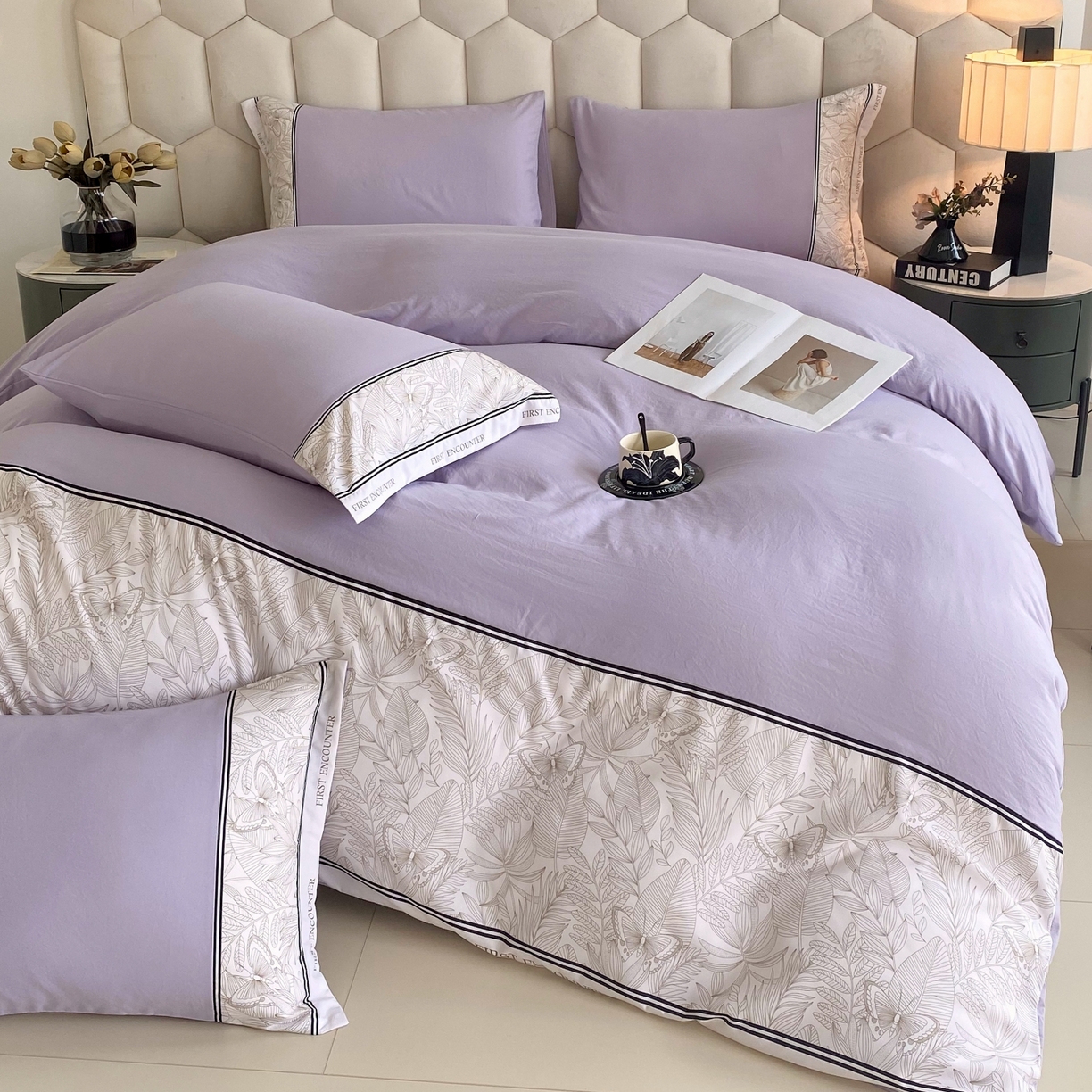 91家纺网 家纺一手货源 找家纺 大麦乐田 2025新款法式轻奢碳素磨毛四件套-卡琳娜系列 卡琳娜 紫灰