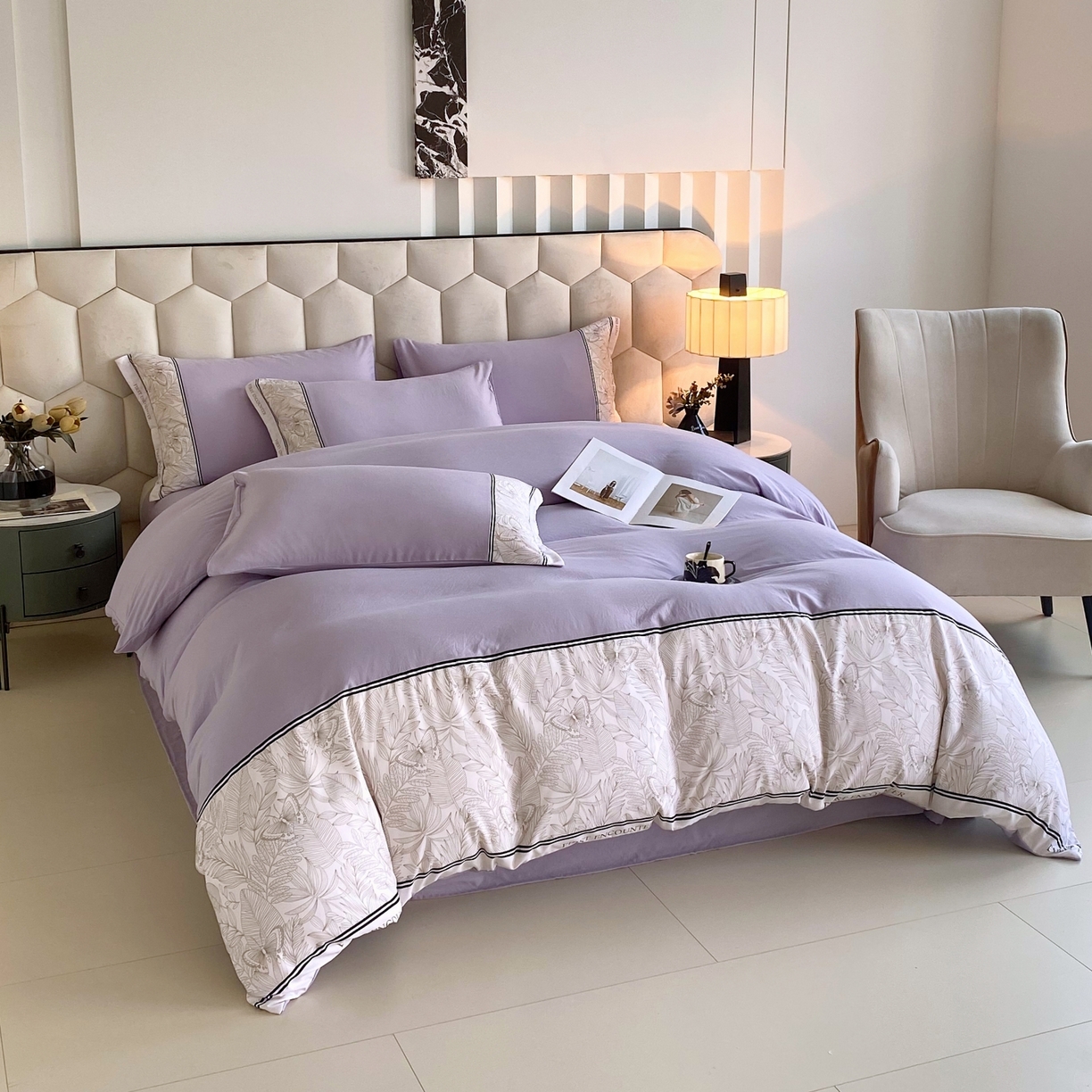 91家纺网 家纺一手货源 找家纺 大麦乐田 2025新款法式轻奢碳素磨毛四件套-卡琳娜系列 卡琳娜 紫灰