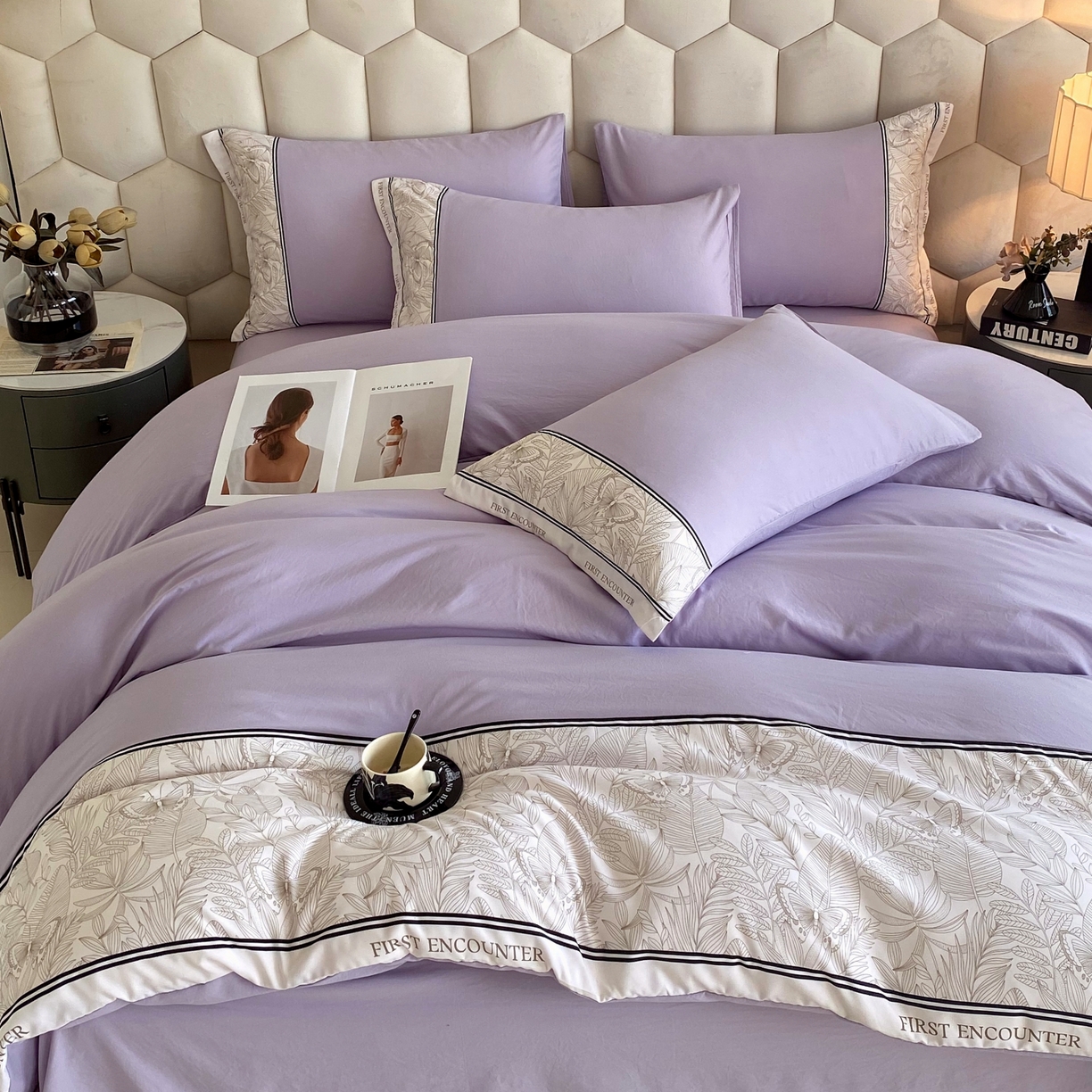 91家纺网 家纺一手货源 找家纺 大麦乐田 2025新款法式轻奢碳素磨毛四件套-卡琳娜系列 卡琳娜 紫灰