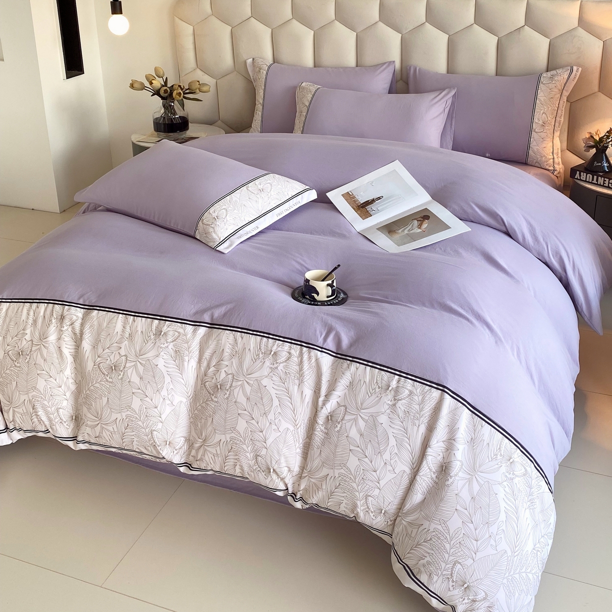 91家纺网 家纺一手货源 找家纺 大麦乐田 2025新款法式轻奢碳素磨毛四件套-卡琳娜系列 卡琳娜 紫灰