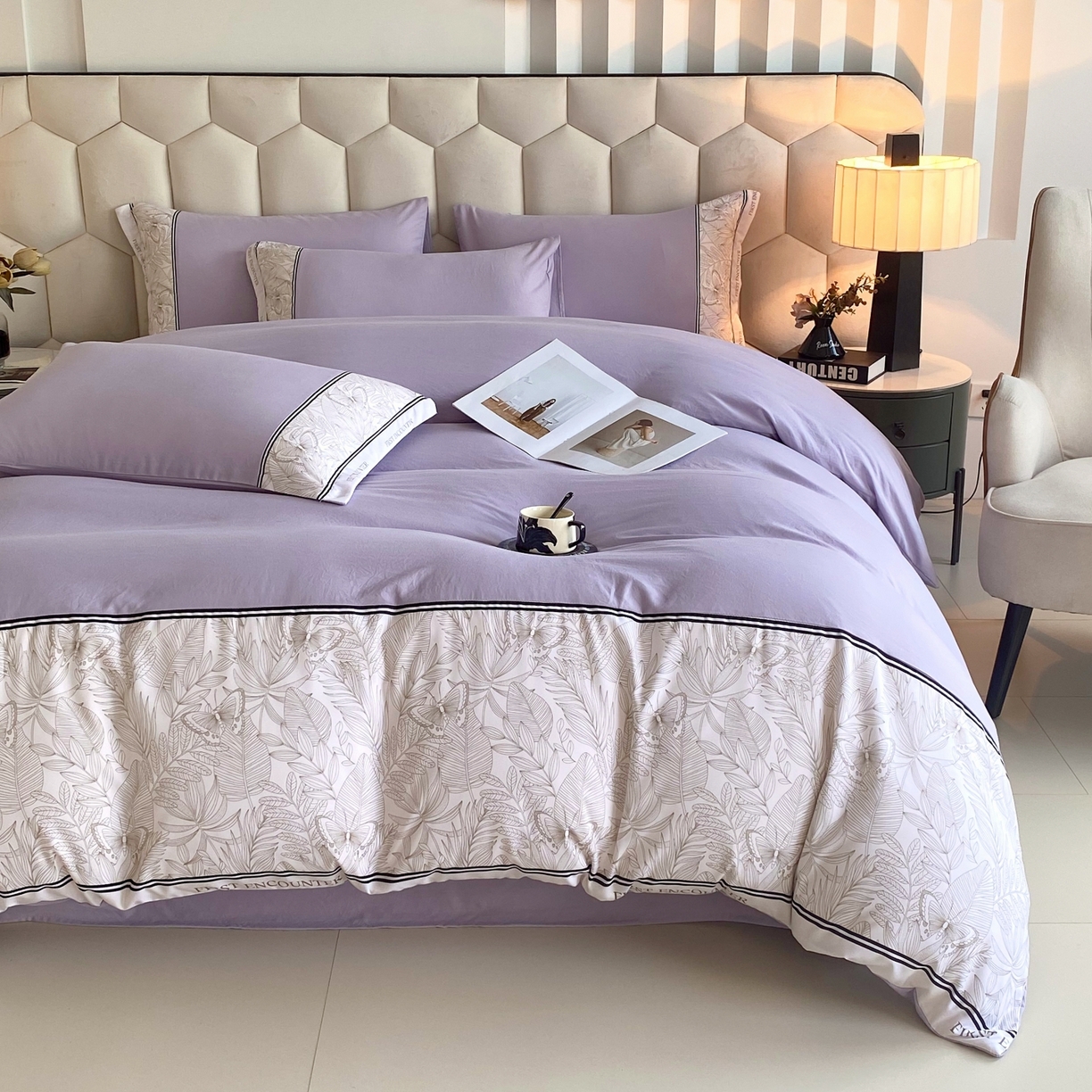 91家纺网 家纺一手货源 找家纺 大麦乐田 2025新款法式轻奢碳素磨毛四件套-卡琳娜系列 卡琳娜 紫灰