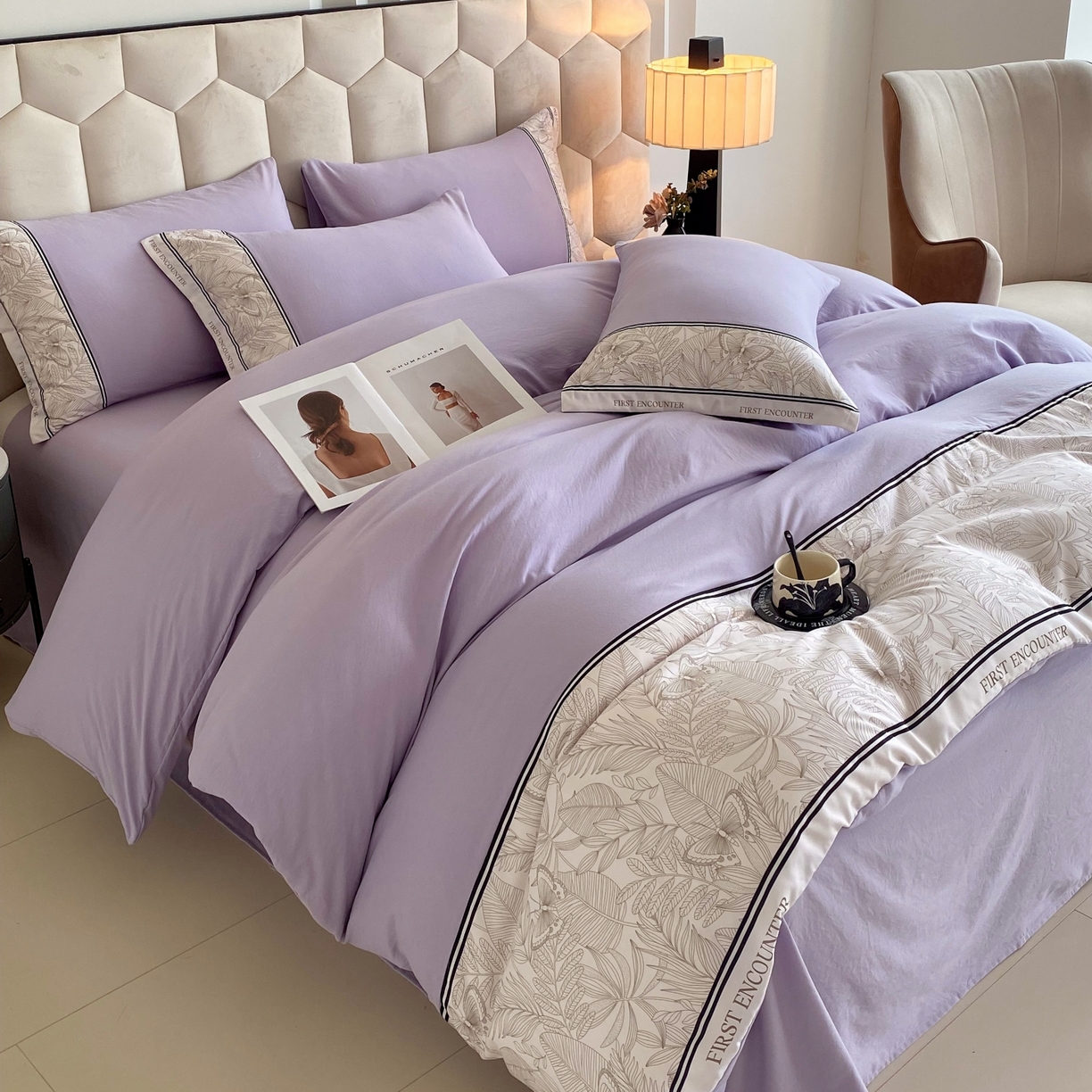 91家纺网 家纺一手货源 找家纺 大麦乐田 2025新款法式轻奢碳素磨毛四件套-卡琳娜系列 卡琳娜 紫灰