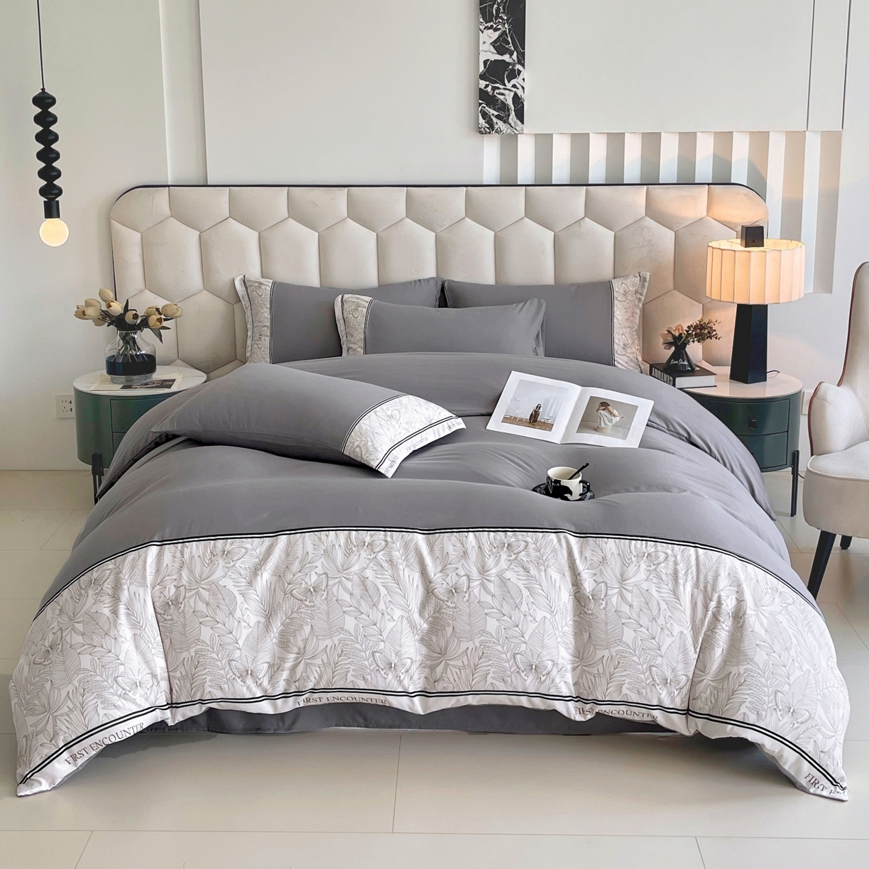 91家纺网 家纺一手货源 找家纺 大麦乐田 2025新款法式轻奢碳素磨毛四件套-卡琳娜系列 卡琳娜 绅士灰