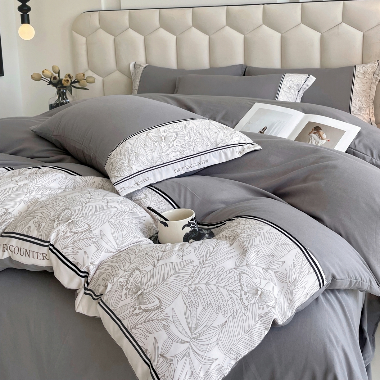 91家纺网 家纺一手货源 找家纺 大麦乐田 2025新款法式轻奢碳素磨毛四件套-卡琳娜系列 卡琳娜 绅士灰