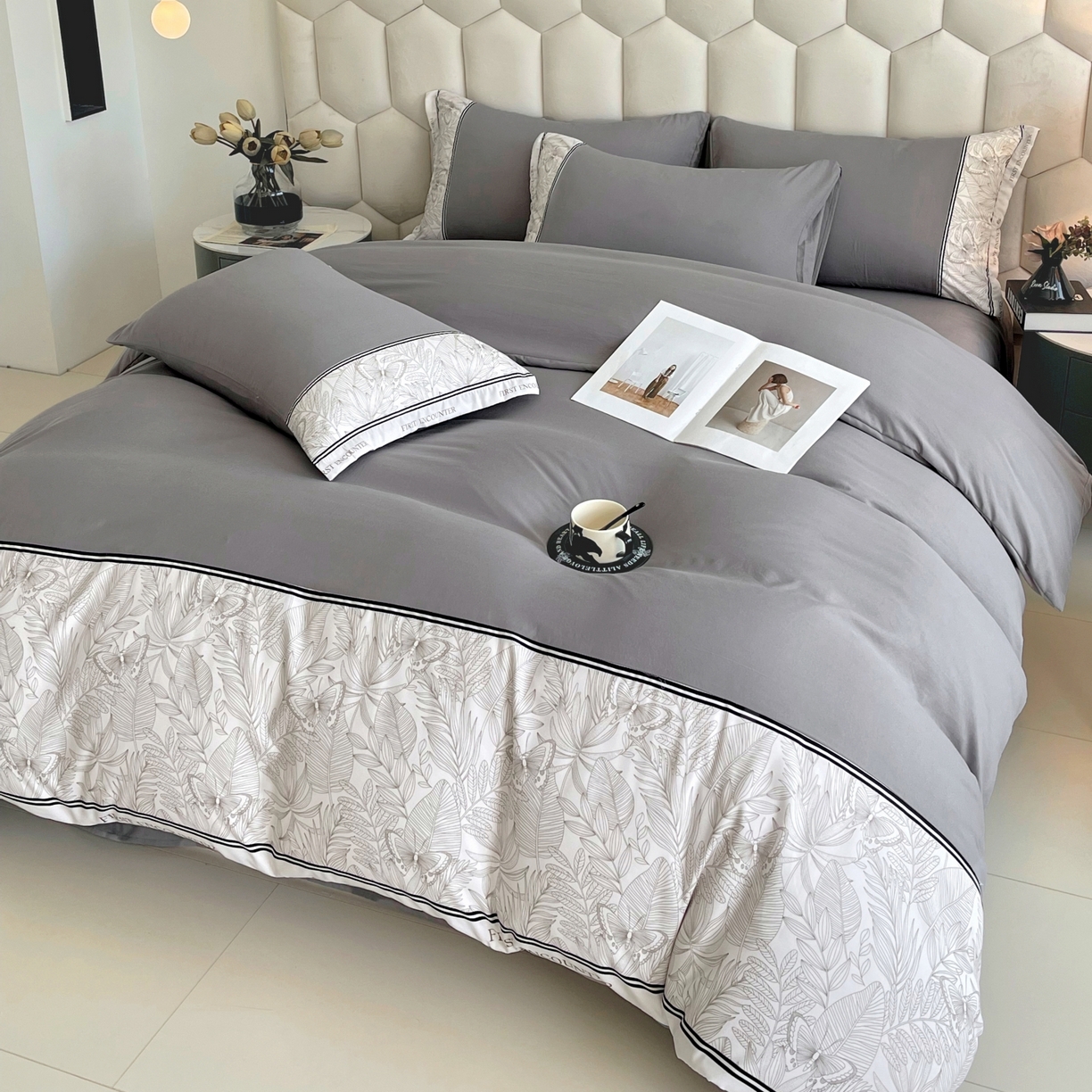 91家纺网 家纺一手货源 找家纺 大麦乐田 2025新款法式轻奢碳素磨毛四件套-卡琳娜系列 卡琳娜 绅士灰