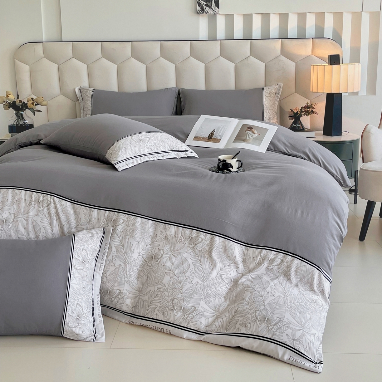 91家纺网 家纺一手货源 找家纺 大麦乐田 2025新款法式轻奢碳素磨毛四件套-卡琳娜系列 卡琳娜 绅士灰