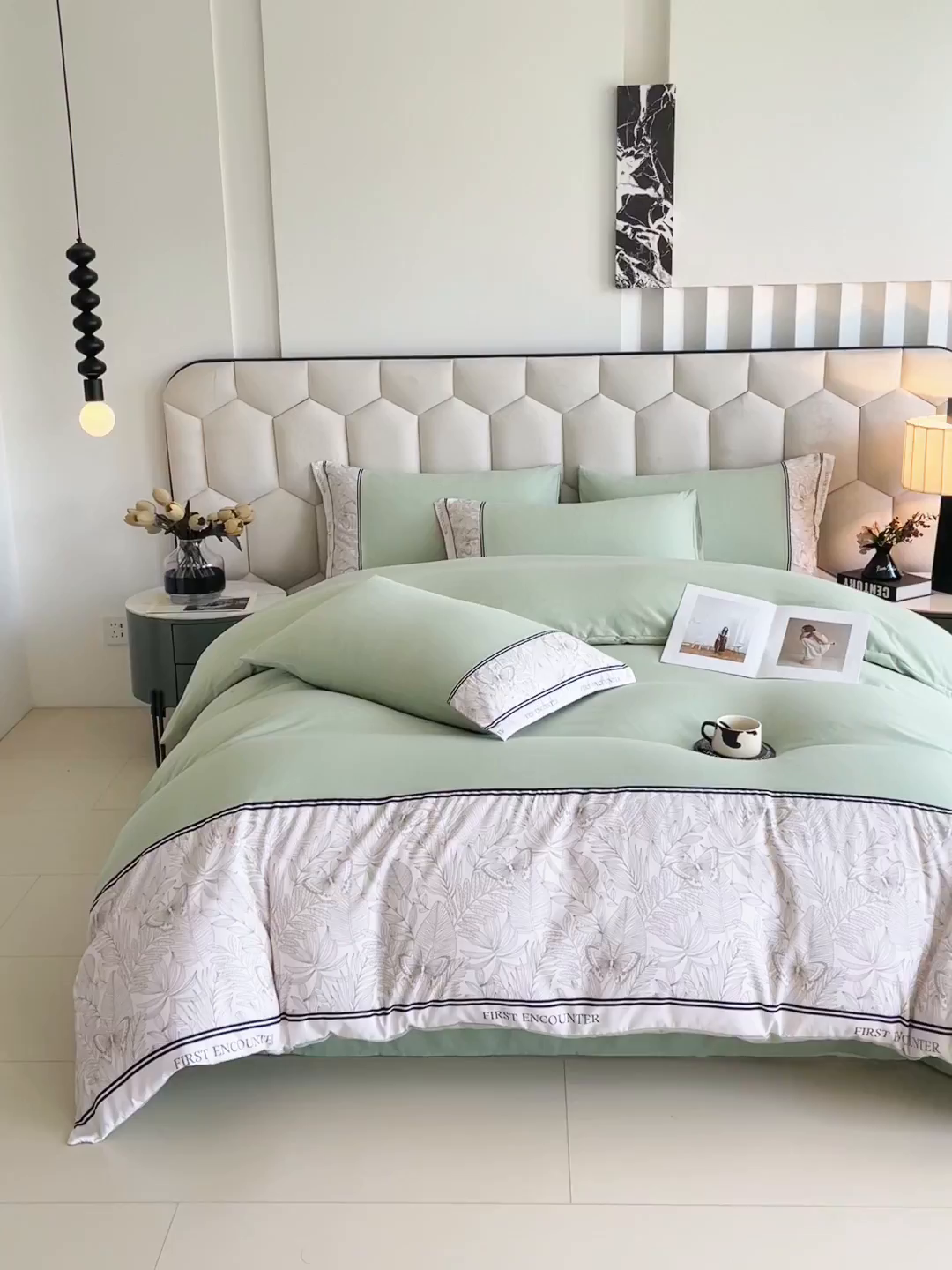 91家纺网 家纺一手货源 找家纺 大麦乐田 2025新款法式轻奢碳素磨毛四件套-卡琳娜系列 卡琳娜 奶茶绿