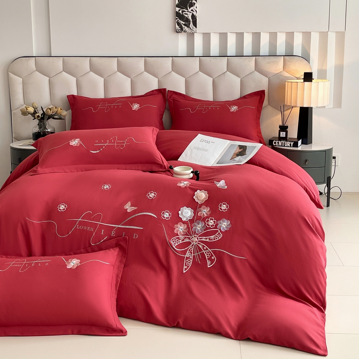 大麦乐田 2025新款四季亲肤磨毛立体花刺绣工艺款四件套-花香蝶舞 花香蝶舞-大红