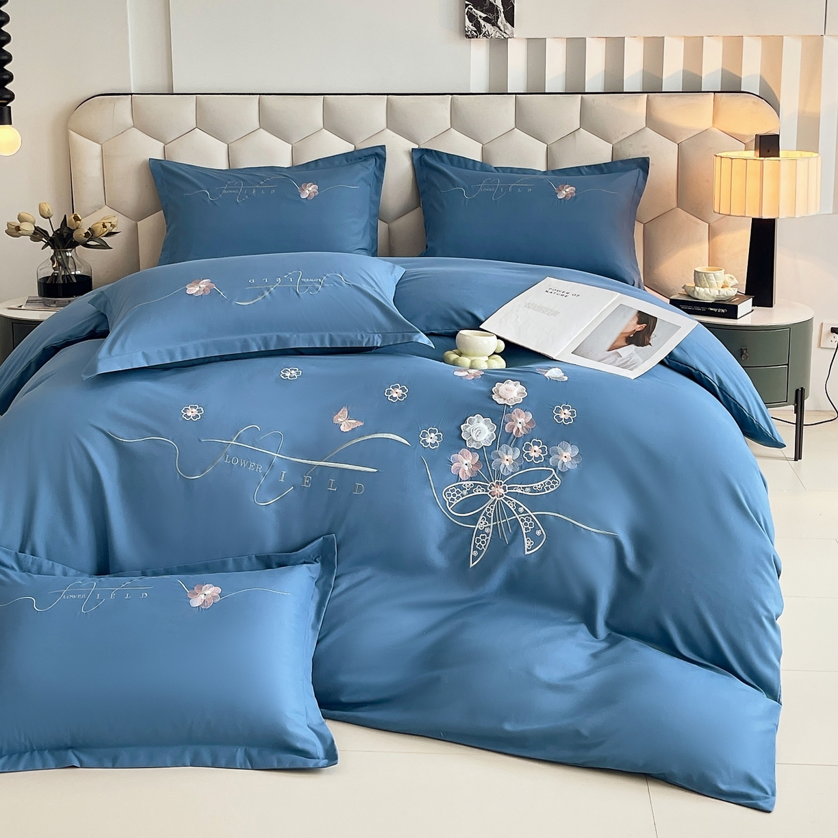 91家纺网 家纺一手货源 找家纺 （总）大麦乐田 2025新款四季亲肤磨毛立体花刺绣工艺款四件套-花香蝶舞