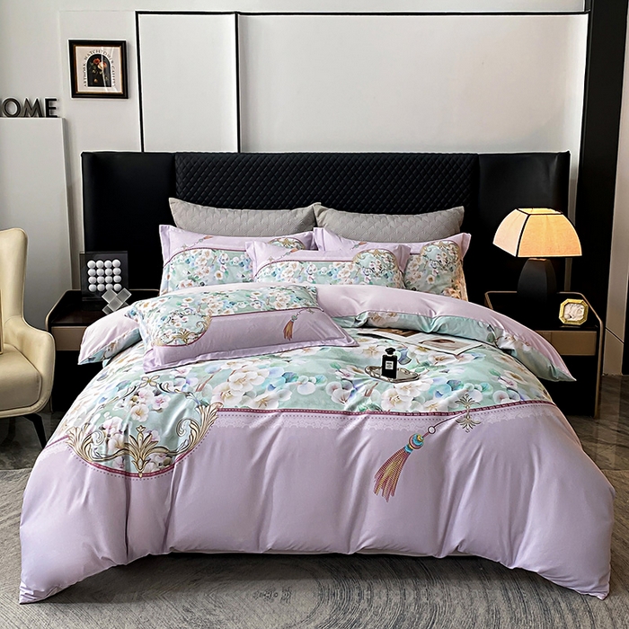 91家纺网 家纺一手货源 找家纺 大麦乐田 2025新款珍珠棉大版印花四件套 若芸-紫