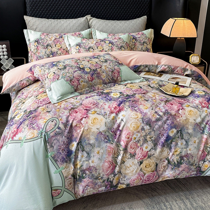 91家纺网 家纺一手货源 找家纺 大麦乐田 2025新款珍珠棉大版印花四件套 梦谷-绿