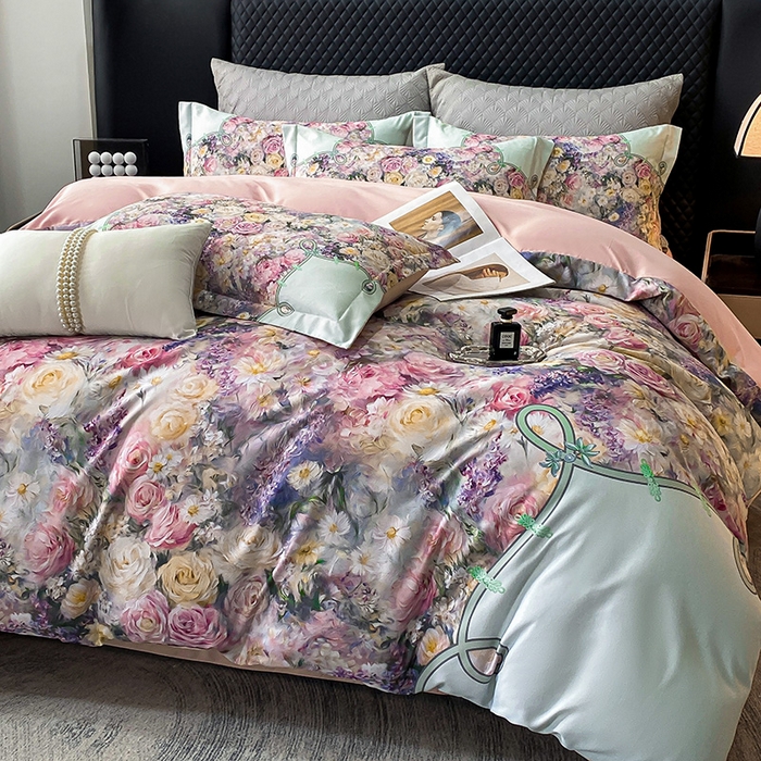 91家纺网 家纺一手货源 找家纺 大麦乐田 2025新款珍珠棉大版印花四件套 梦谷-绿