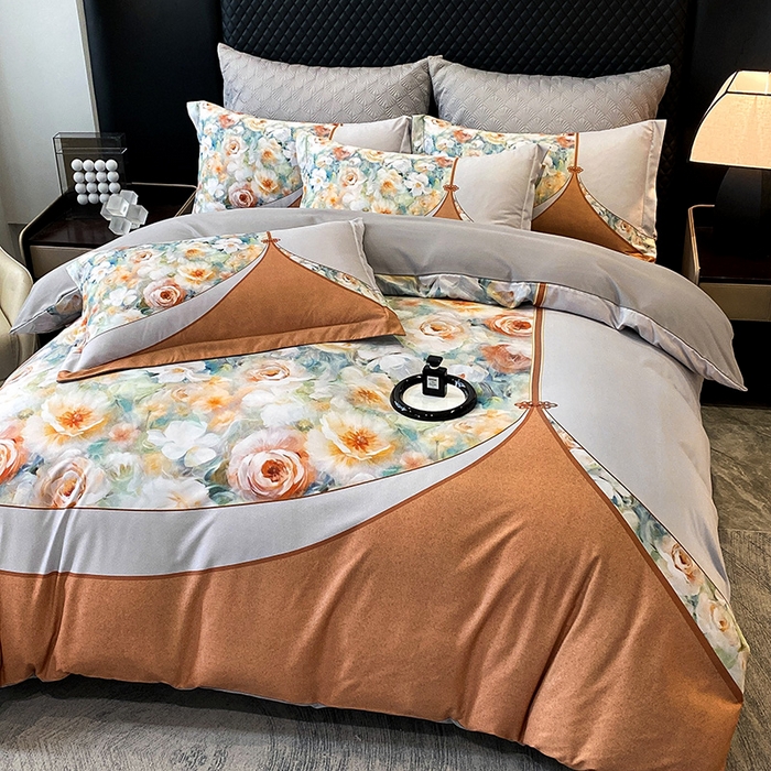 91家纺网 家纺一手货源 找家纺 大麦乐田 2025新款珍珠棉大版印花四件套 花涧-桔