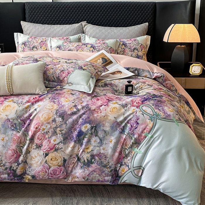 91家纺网 家纺一手货源 找家纺 大麦乐田 2025新款珍珠棉大版印花四件套 梦谷-绿