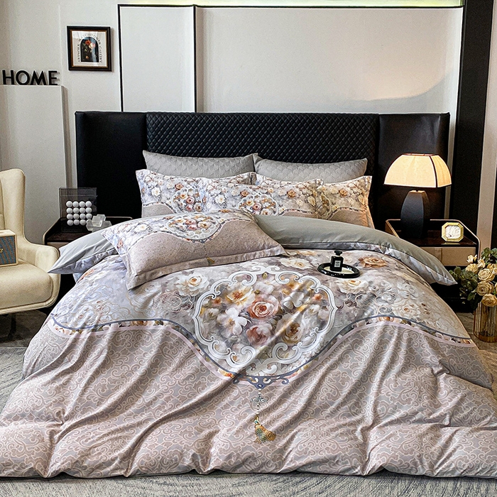 91家纺网 家纺一手货源 找家纺 大麦乐田 2025新款珍珠棉大版印花四件套 境澜-灰