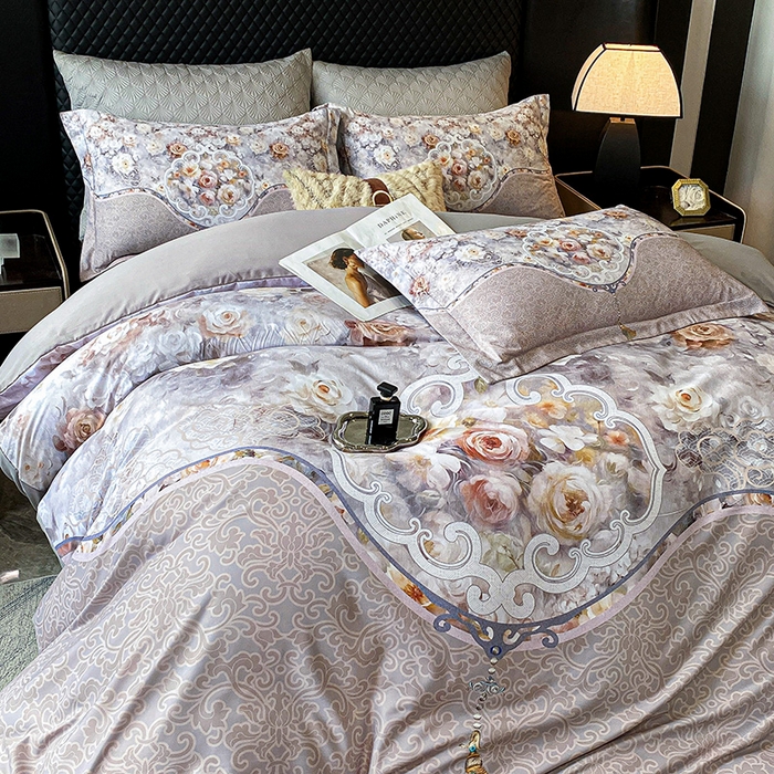 91家纺网 家纺一手货源 找家纺 大麦乐田 2025新款珍珠棉大版印花四件套 境澜-灰