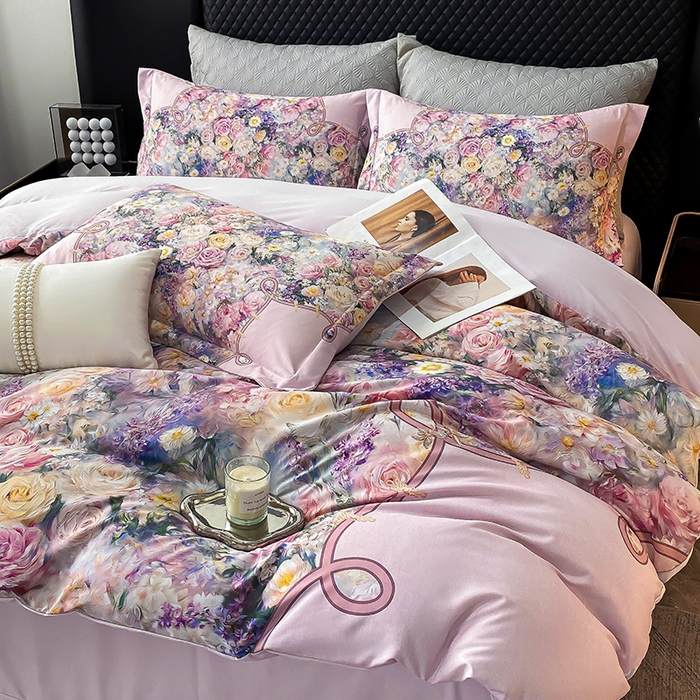 91家纺网 家纺一手货源 找家纺 大麦乐田 2025新款珍珠棉大版印花四件套 梦谷-粉