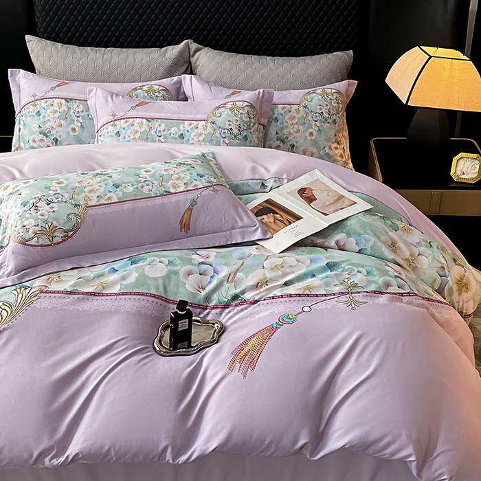 91家纺网 家纺一手货源 找家纺 大麦乐田 2025新款珍珠棉大版印花四件套 若芸-紫