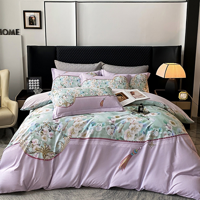 91家纺网 家纺一手货源 找家纺 大麦乐田 2025新款珍珠棉大版印花四件套 若芸-紫